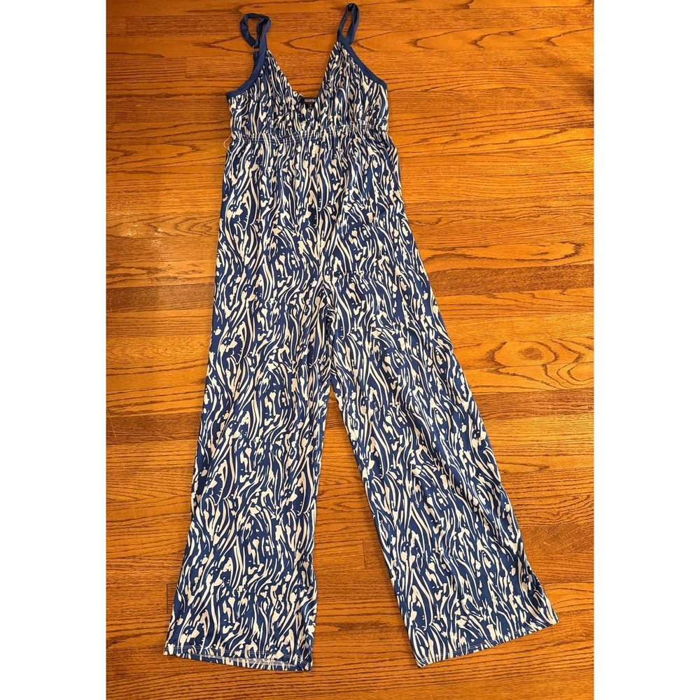 Ellen Tracy Women's Jumpsuit/Romper White & Blue Print Belted Size L